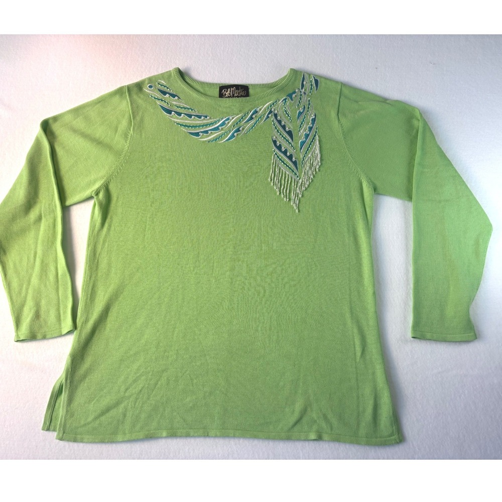Bob Mackie Wearable Art Lime Green Beaded Feather Fringe Knit Sweater Womens L - Picture 3 of 10